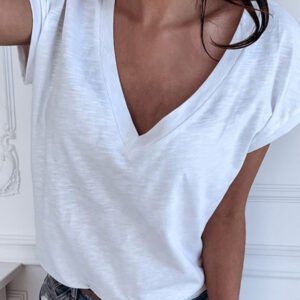 White Summer T Shirt Women Casual Womens V-neck Tshirt Pus Size Short Sleeve T-shirt Bamboo Women Clothing